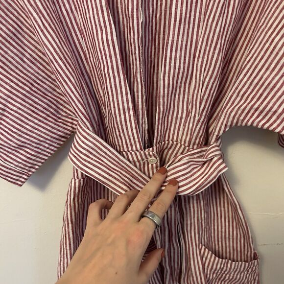 Reformation Cecilia Mini Dress Linen Pink White Striped Belt 6 - Missing Button - Picture 2 of 10